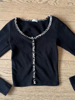 Brandy Melville Black Crop Top with Leopard-Trim Neckline